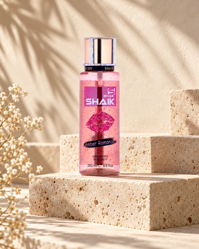 Shaik Amber Romance Body Mist on a stone display