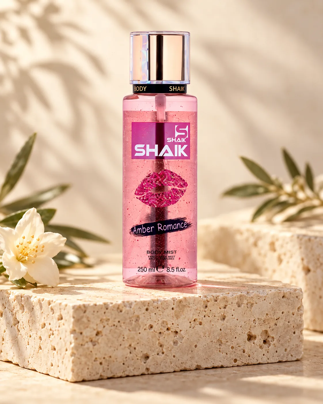 Shaik Amber Romance Body Mist on a stone display, another view