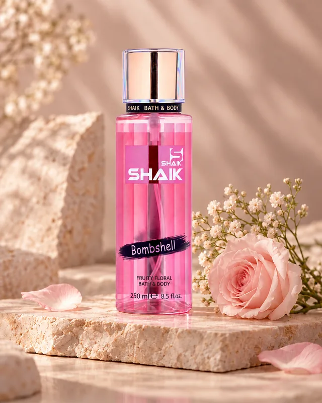 Shaik Bombshell Body Mist on a stone display
