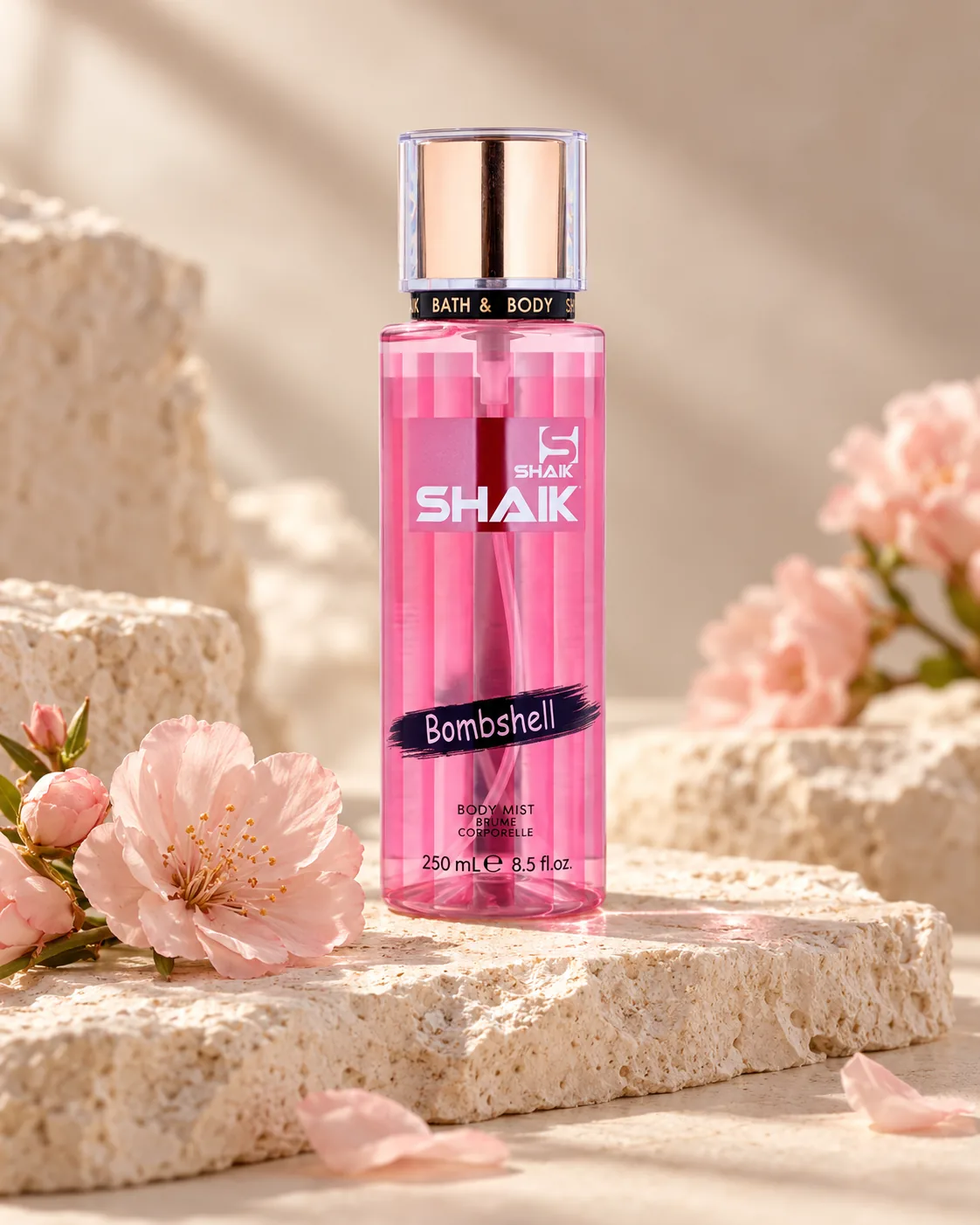 Shaik Bombshell Body Mist on a stone display, another view