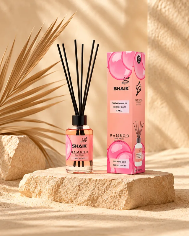 Shaik Bubble Gum Reed Diffuser on a stone display