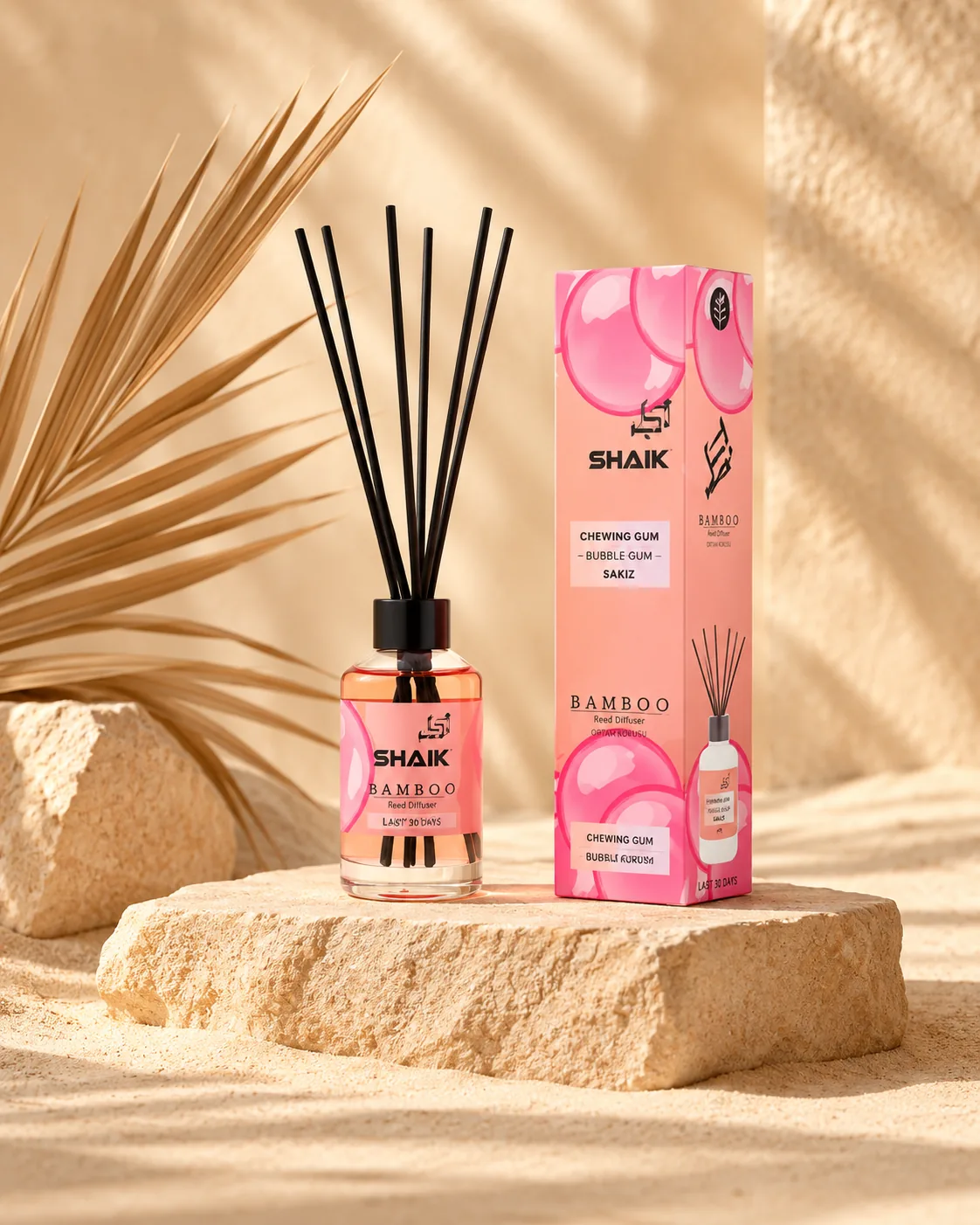Shaik Bubble Gum Reed Diffuser on a stone display