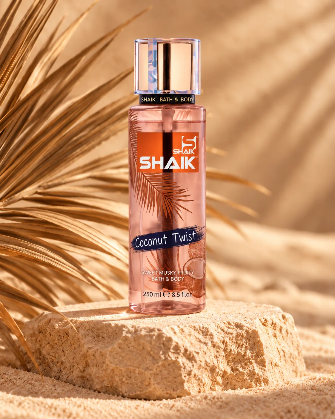 Shaik Coconut Twist Body Mist on a stone display