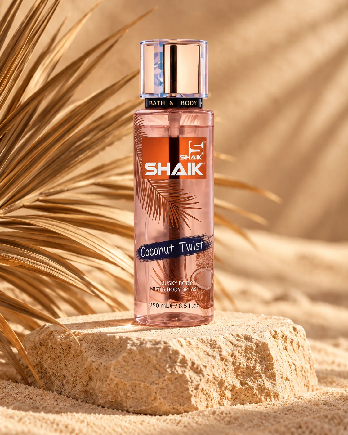 Shaik Coconut Twist Body Mist on a stone display, another view
