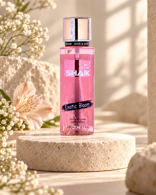 Shaik Exotic Bloom Body Mist on a stone display