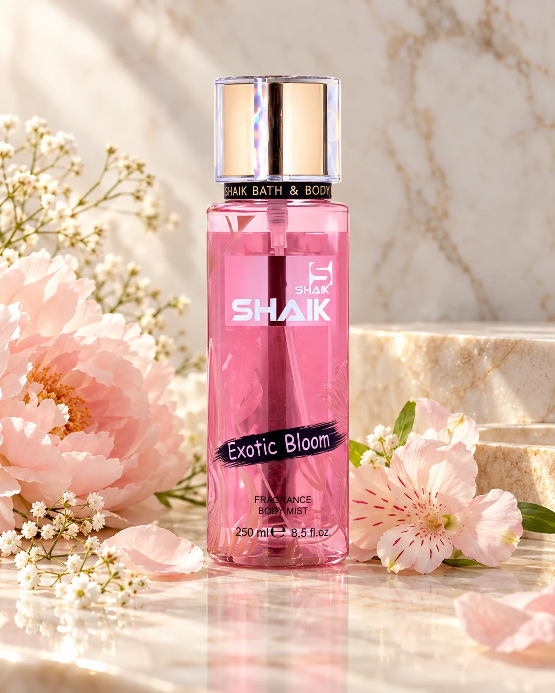 Shaik Exotic Bloom Body Mist on a stone display, another view