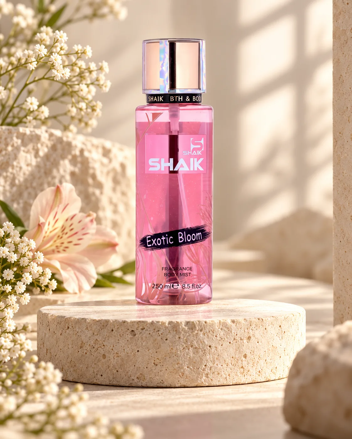 Shaik Exotic Bloom Body Mist on a stone display, another view