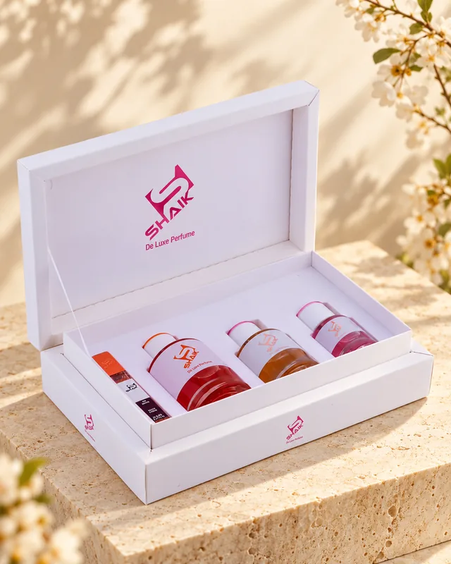 Shaik Gift Set No. 1: white gift box with three perfumes and a travel spray