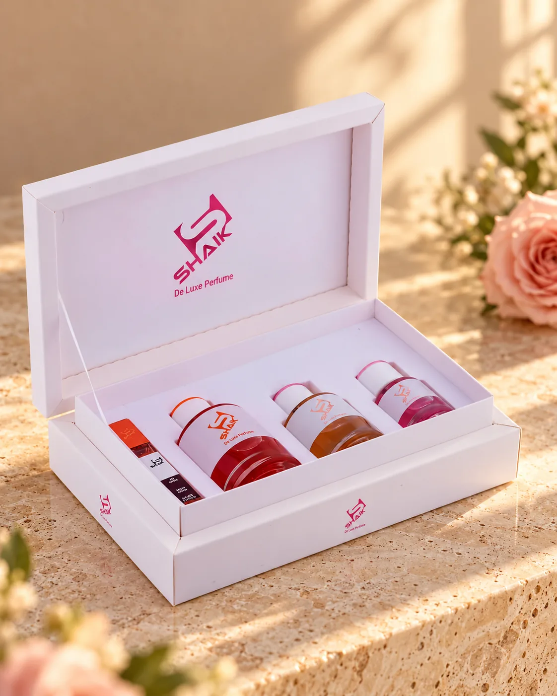 Shaik Gift Set No. 1: white gift box with three perfumes and a travel spray, another view