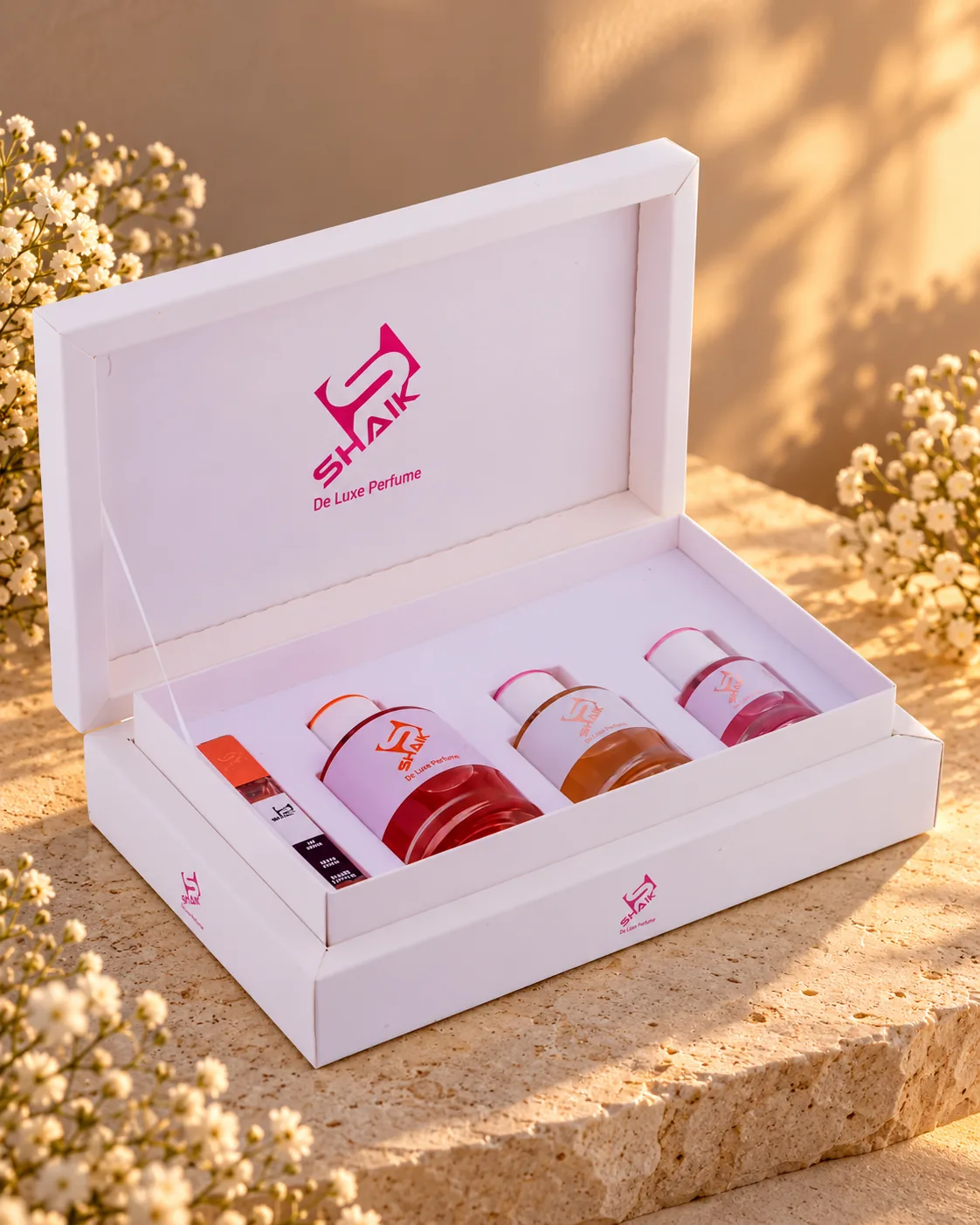 Shaik Gift Set No. 1: white gift box with three perfumes and a travel spray, another view