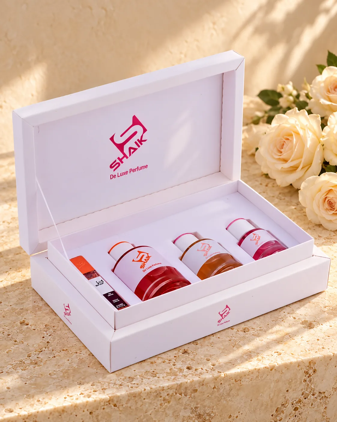 Shaik Gift Set No. 1: white gift box with three perfumes and a travel spray, another view