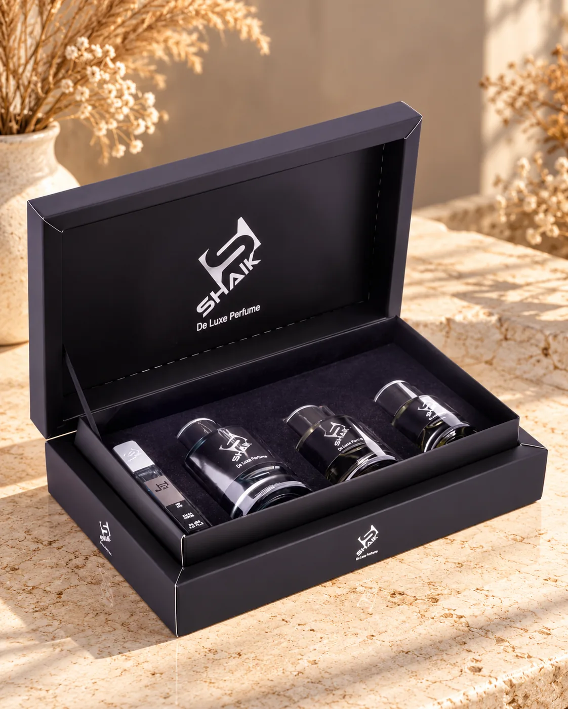 Shaik Gift Set No. 2: black gift box with three perfumes and a travel spray, another view