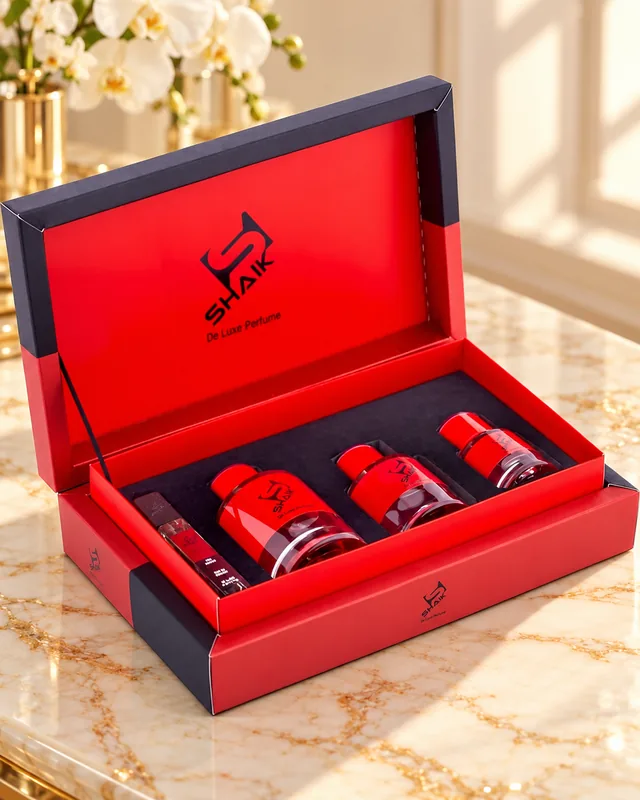 Shaik Gift Set No. 3: red gift box with three perfumes and a travel spray