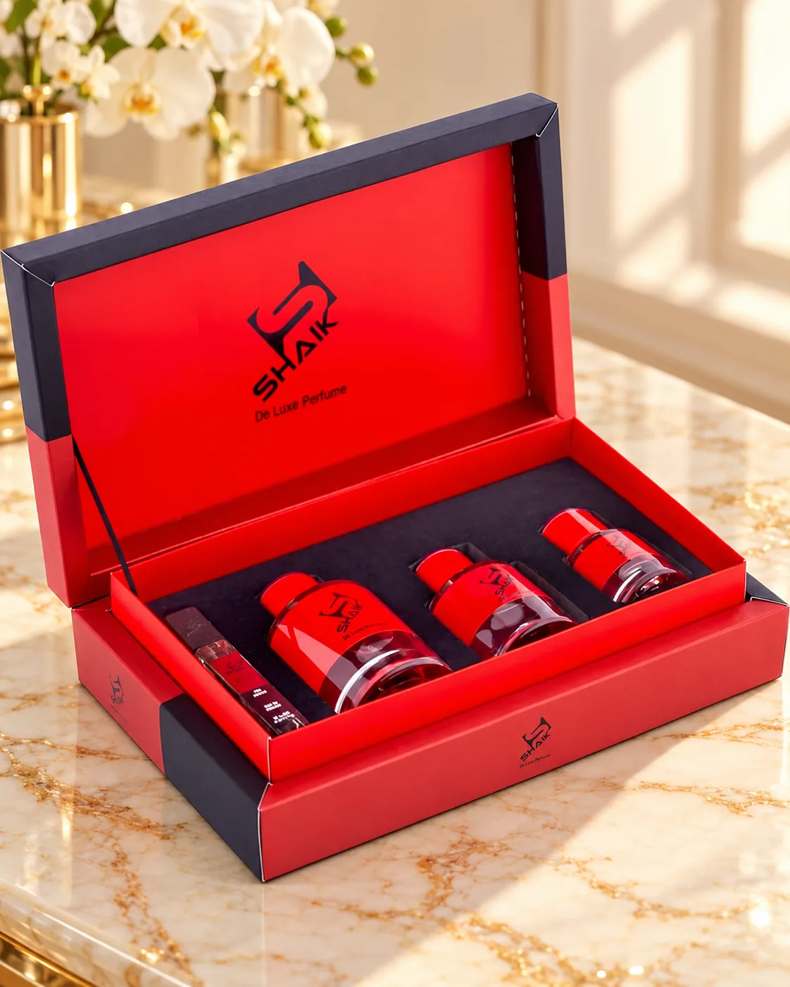 Shaik Gift Set No. 3: red gift box with three perfumes and a travel spray