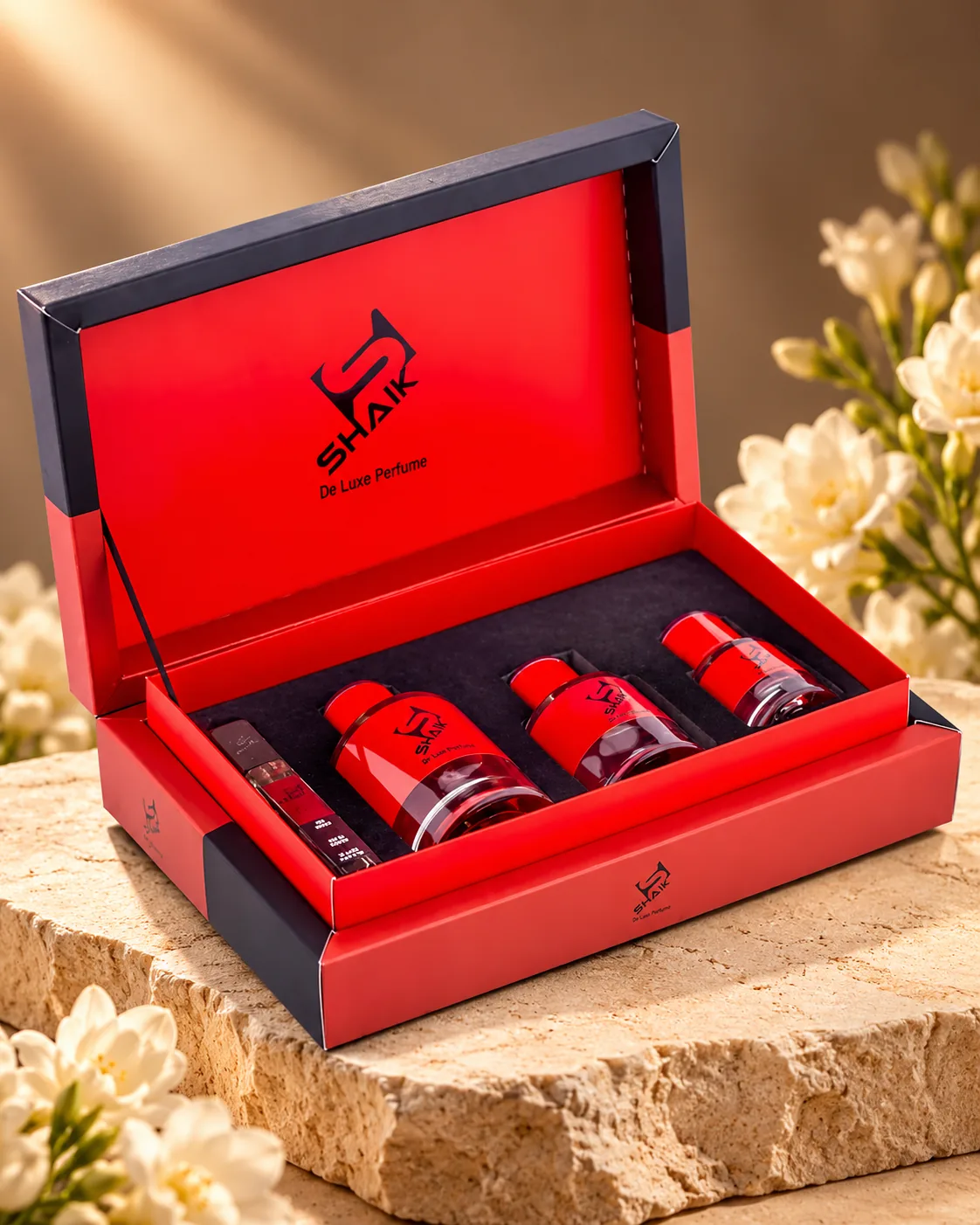 Shaik Gift Set No. 3: red gift box with three perfumes and a travel spray, another view