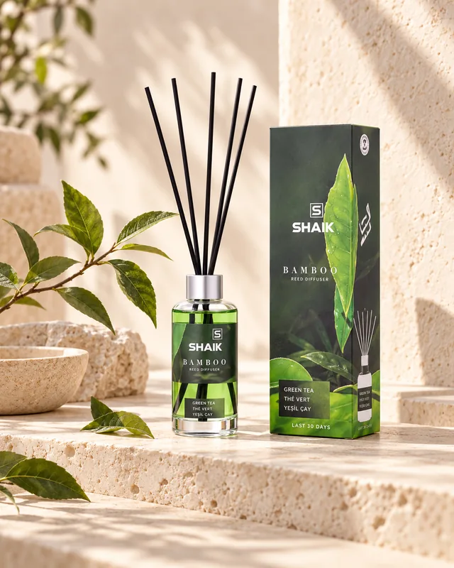 Shaik Green Tea Reed Diffuser on a stone display