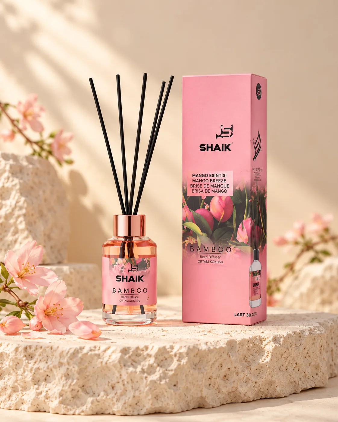 Shaik Mango Breeze Reed Diffuser on a stone display