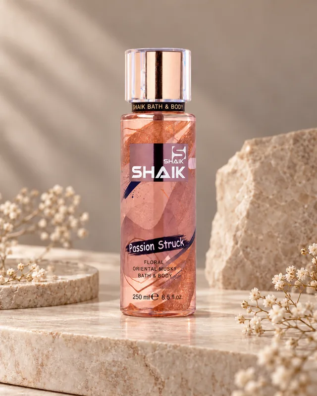 Shaik Passion Struck Body Mist on a stone display