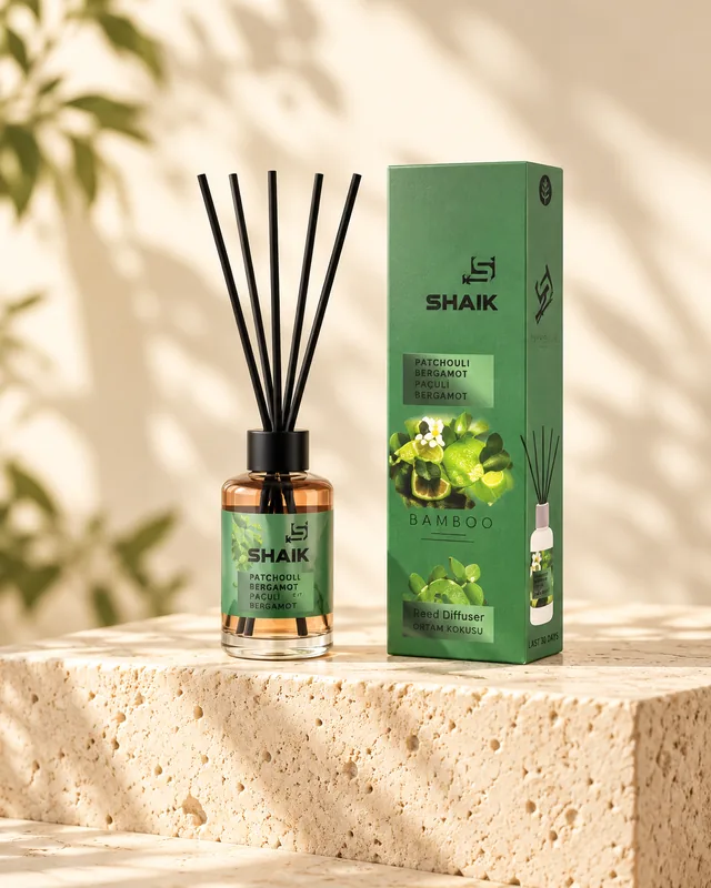 Shaik Patchouli Bergamot Reed Diffuser on a stone display
