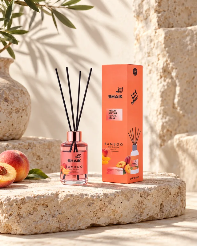 Shaik Peach Reed Diffuser on a stone display