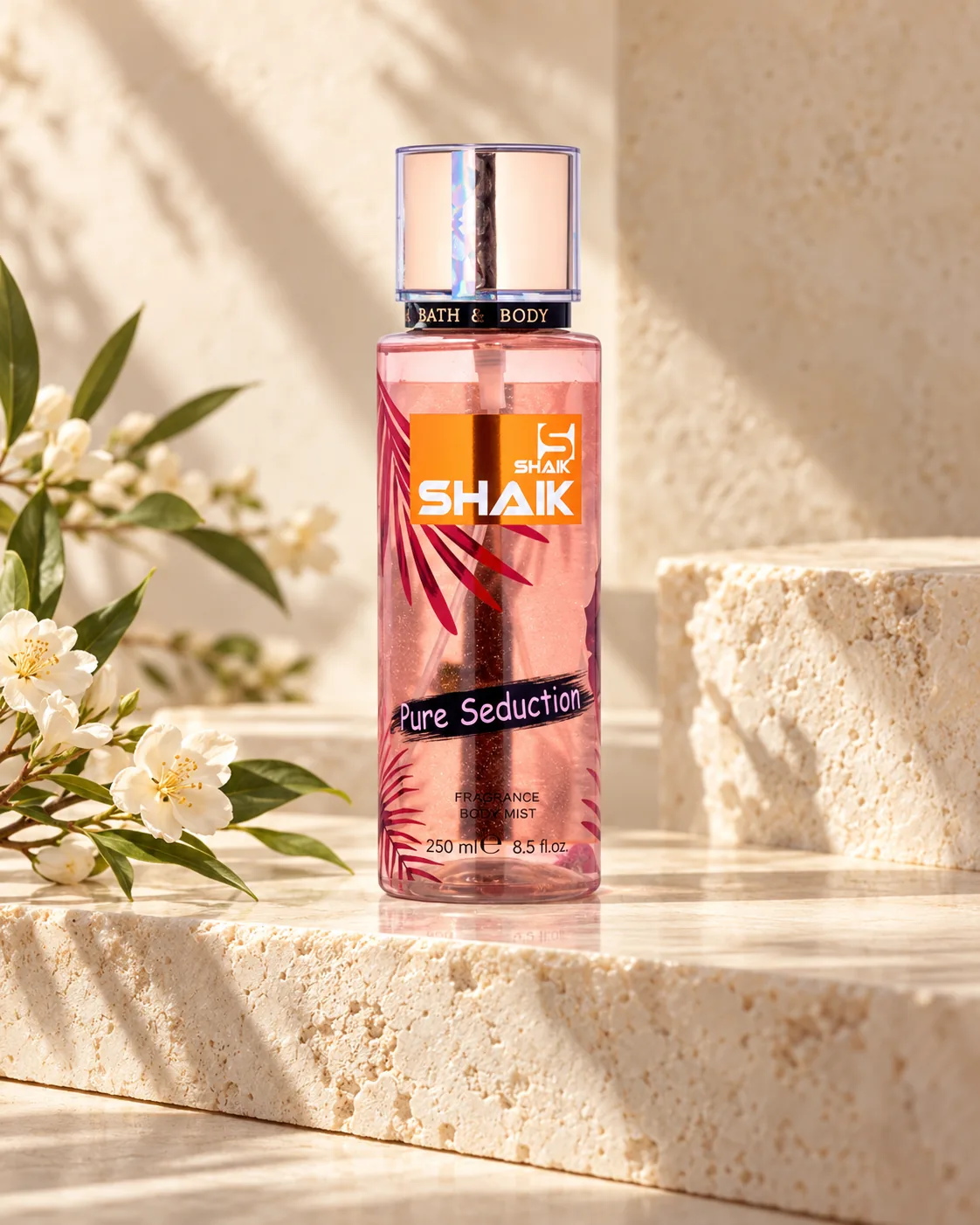 Shaik Pure Seduction Body Mist on a stone display