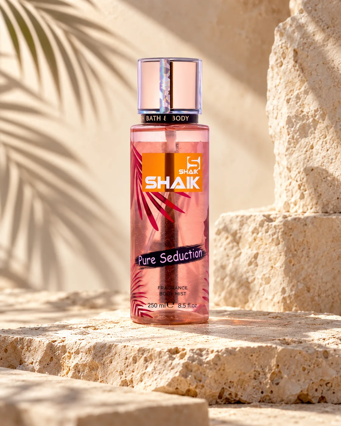 Shaik Pure Seduction Body Mist on a stone display, another view