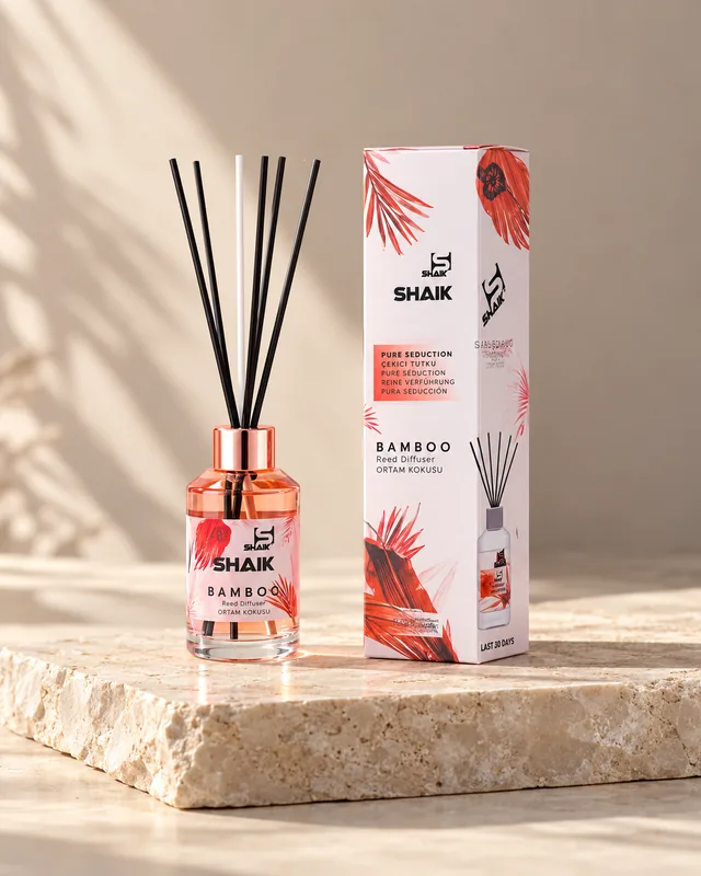 Shaik Pure Seduction Reed Diffuser on a stone display