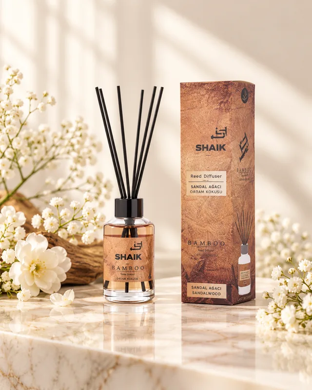 Shaik Sandalwood Reed Diffuser on a stone display
