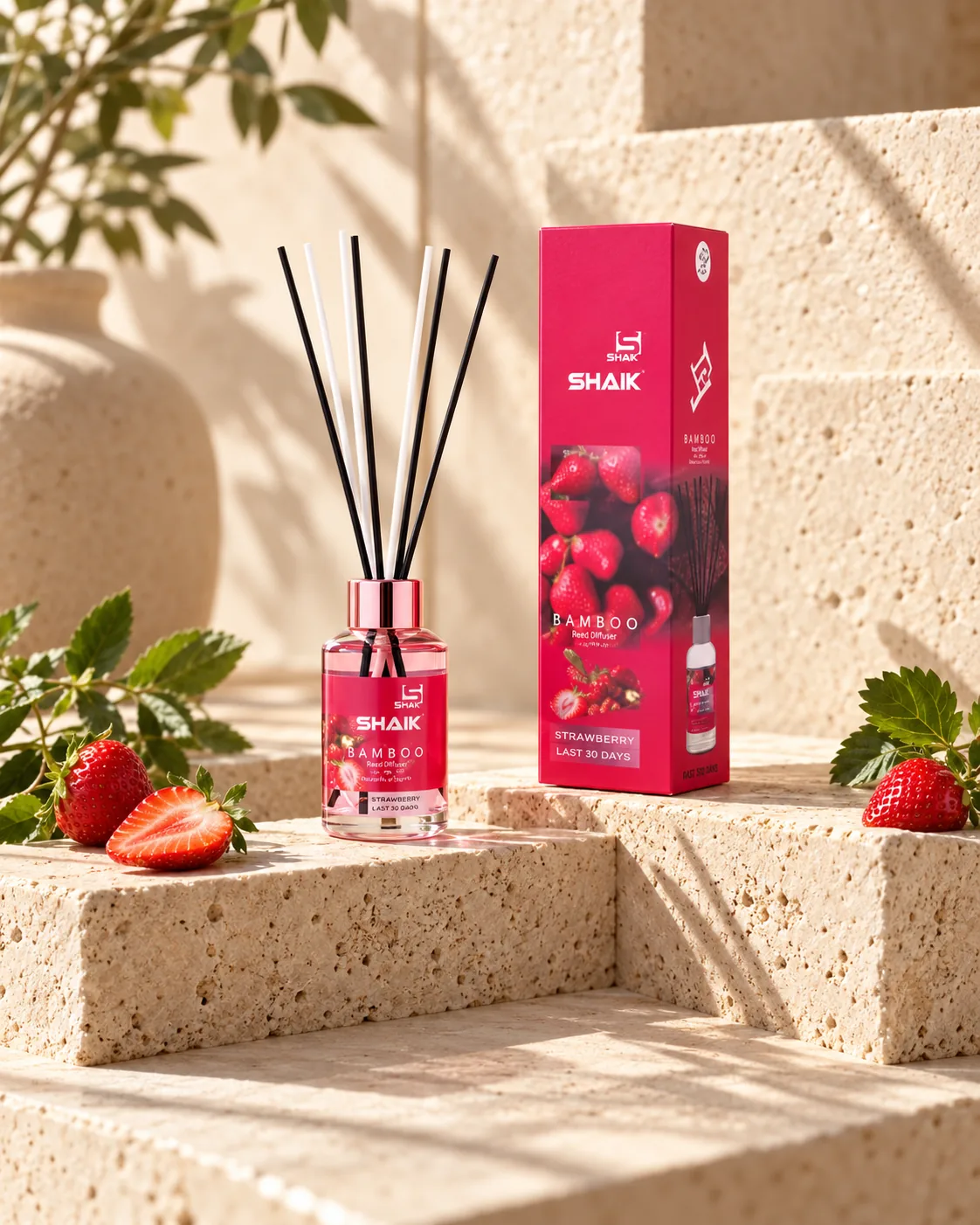 Shaik Strawberry Reed Diffuser on a stone display