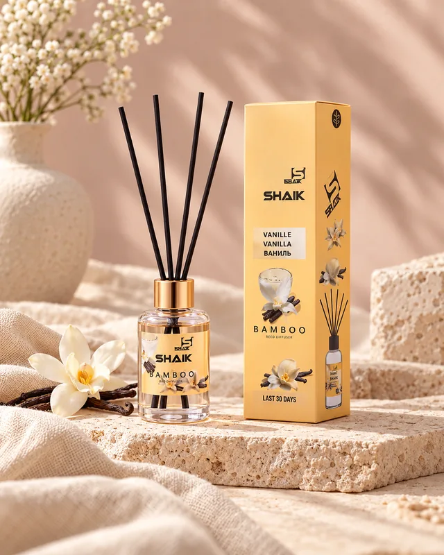 Shaik Vanilla Reed Diffuser on a stone display