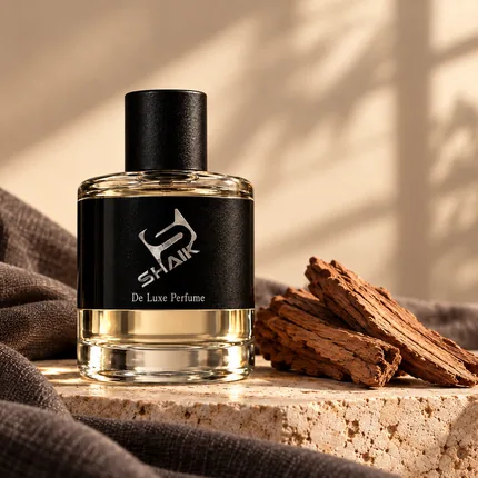 Shaik men's perfume with black cap and label beside cedar wood