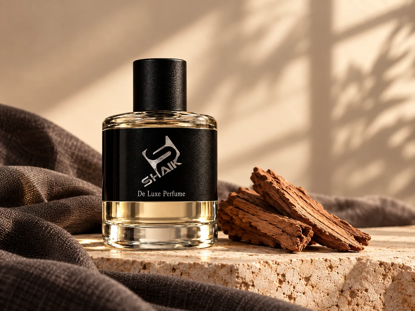 Shaik men's perfume with black cap and label beside cedar wood