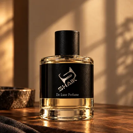 Shaik men's perfume with black cap and label on a wooden table