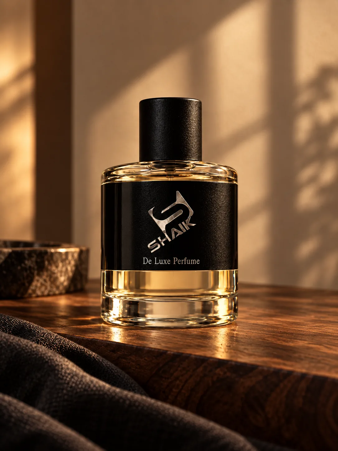 Shaik men's perfume with black cap and label on a wooden table