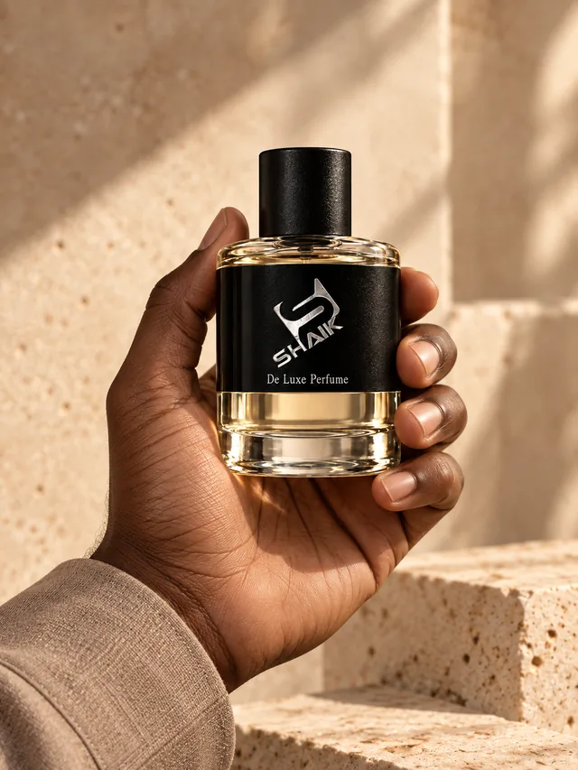 Hand holding a Shaik men's perfume with black cap and label
