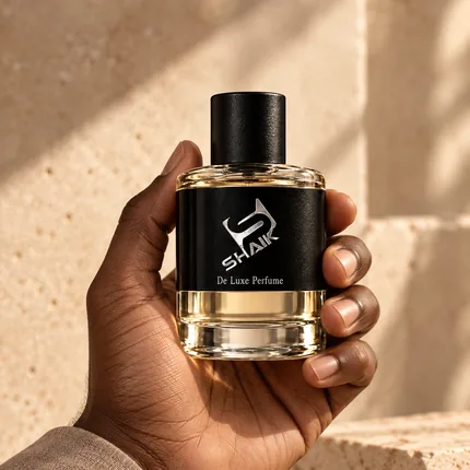 Hand holding a Shaik men's perfume with black cap and label
