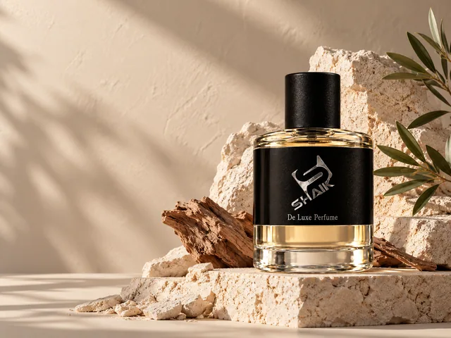 Shaik men's perfume with black cap and label on ivory stone