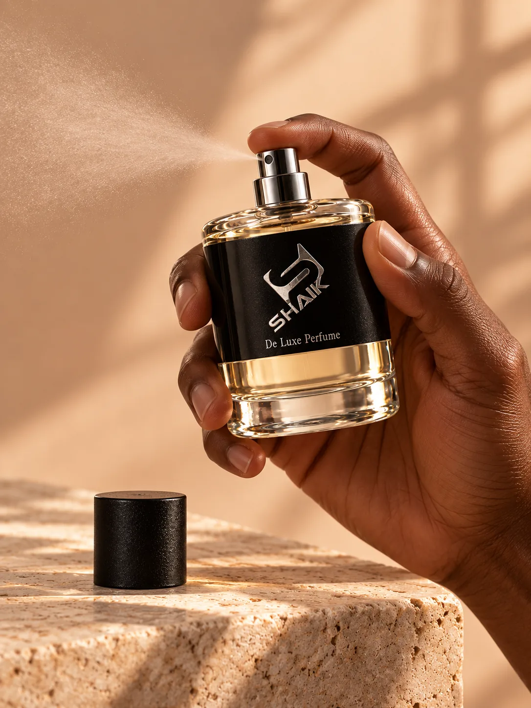 Hand spraying a Shaik men's perfume with black label