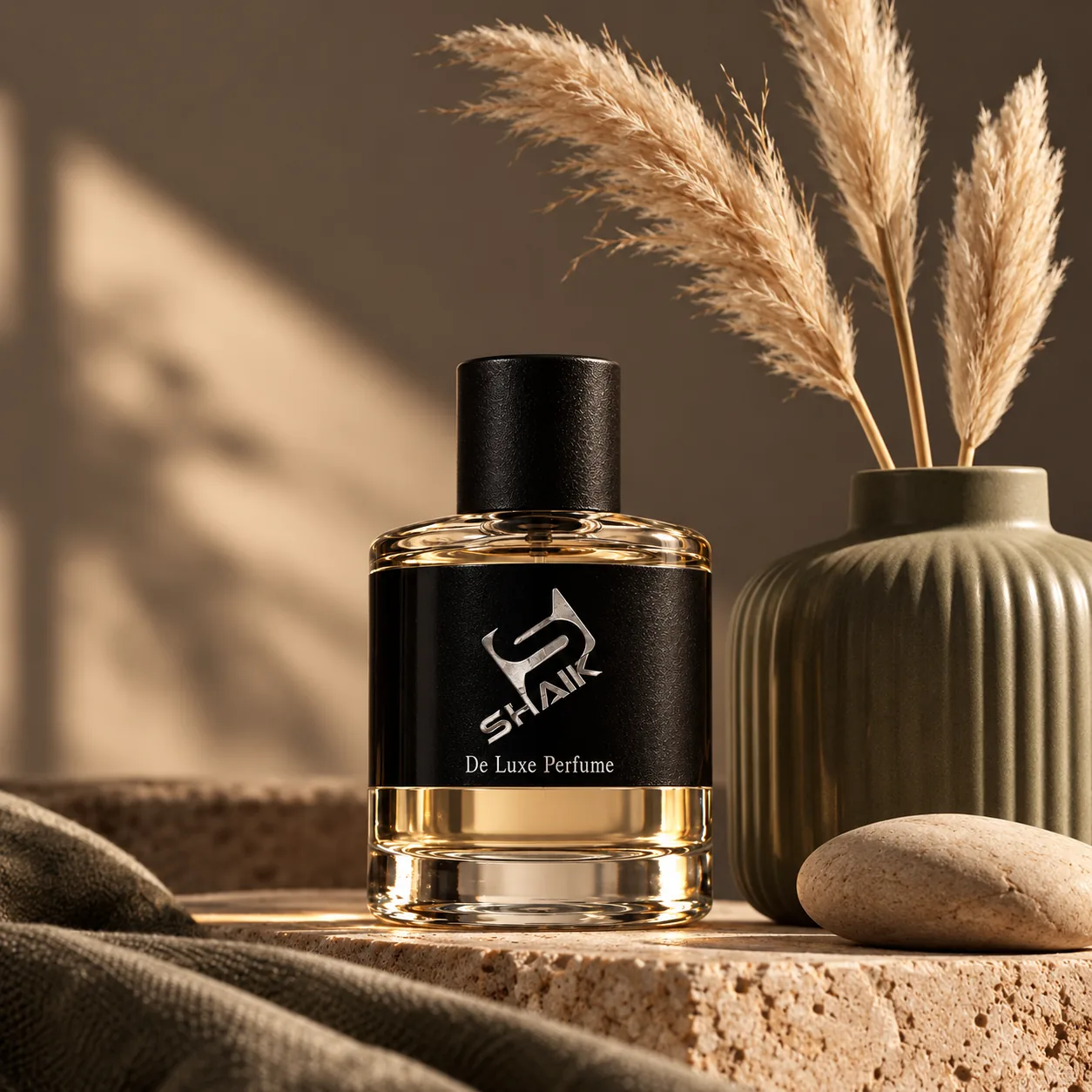 Shaik men's perfume with black cap and label beside pampas grass