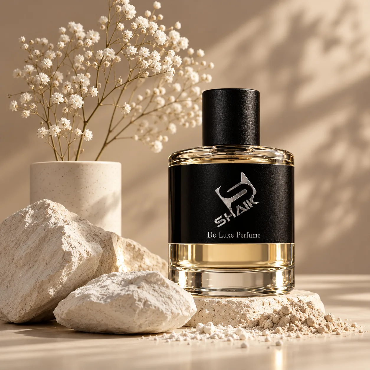 Shaik men's perfume with black cap and label with pebbles and baby's breath