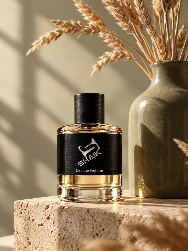 Shaik men's perfume with black cap and label beside wheat stems