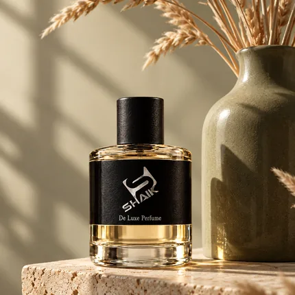 Shaik men's perfume with black cap and label beside wheat stems