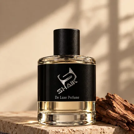 Shaik men's perfume with black cap and label beside wood bark