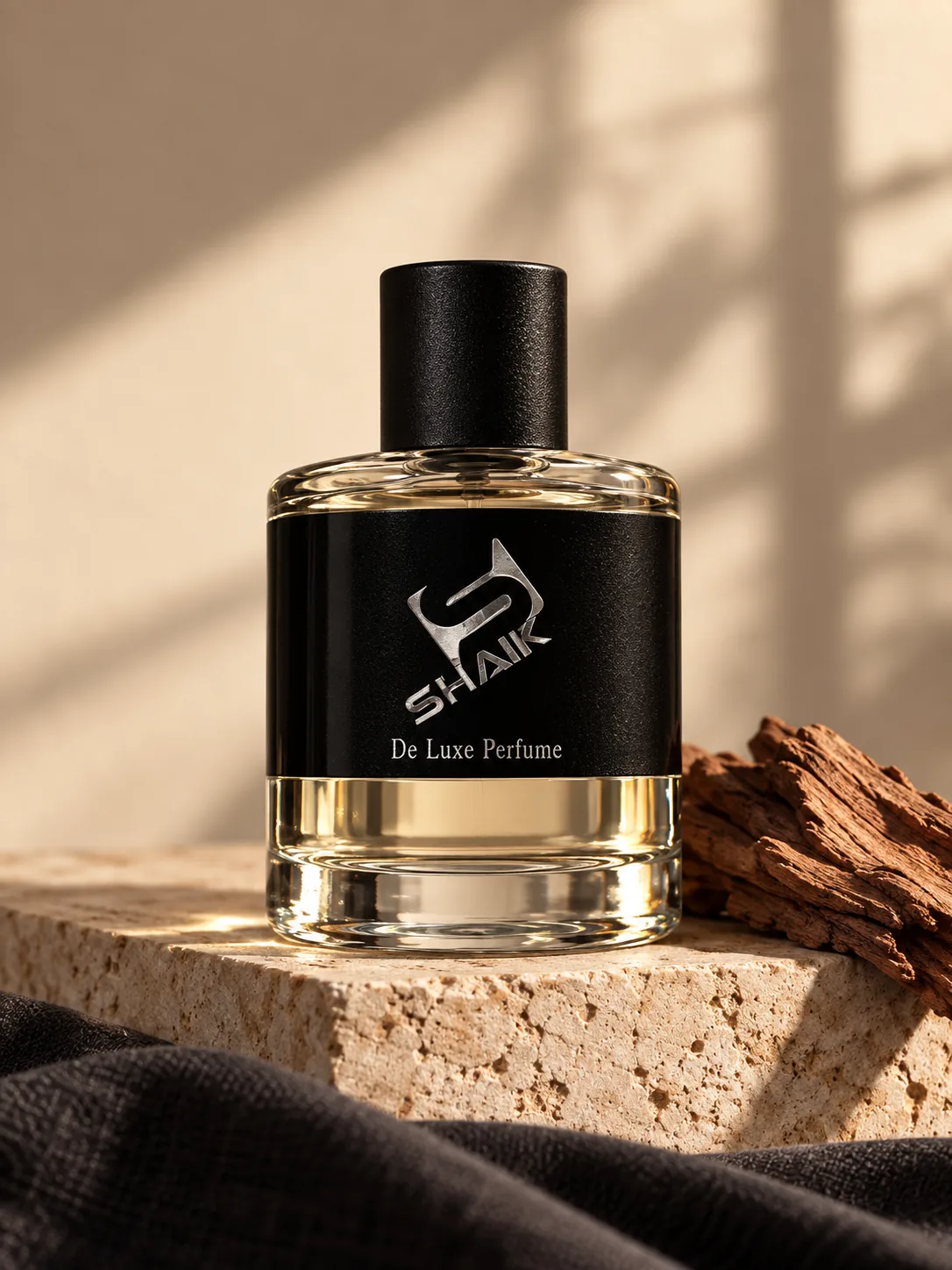Shaik men's perfume with black cap and label beside wood bark