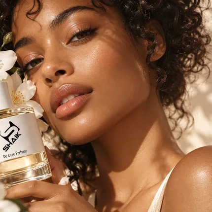 Woman with white blossoms holding a Shaik women's perfume with white cap