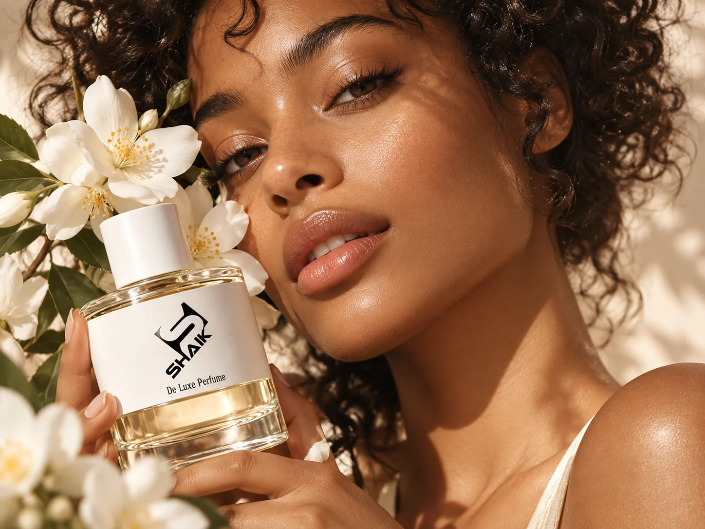 Woman with white blossoms holding a Shaik women's perfume with white cap