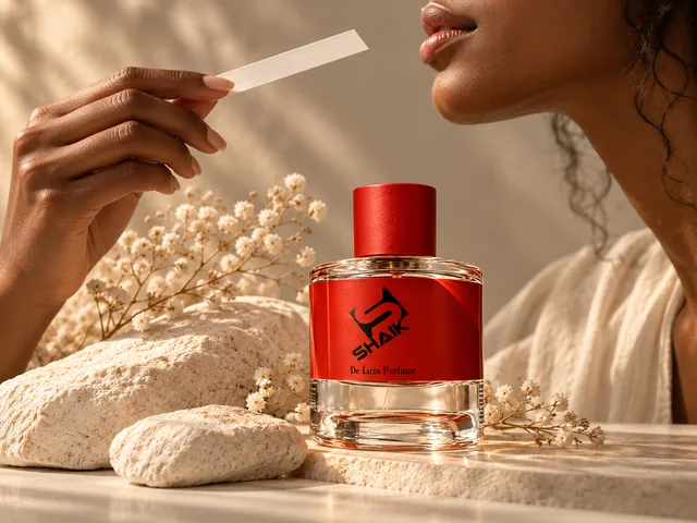 Woman smelling a fragrance blotter beside a Shaik unisex perfume with red cap