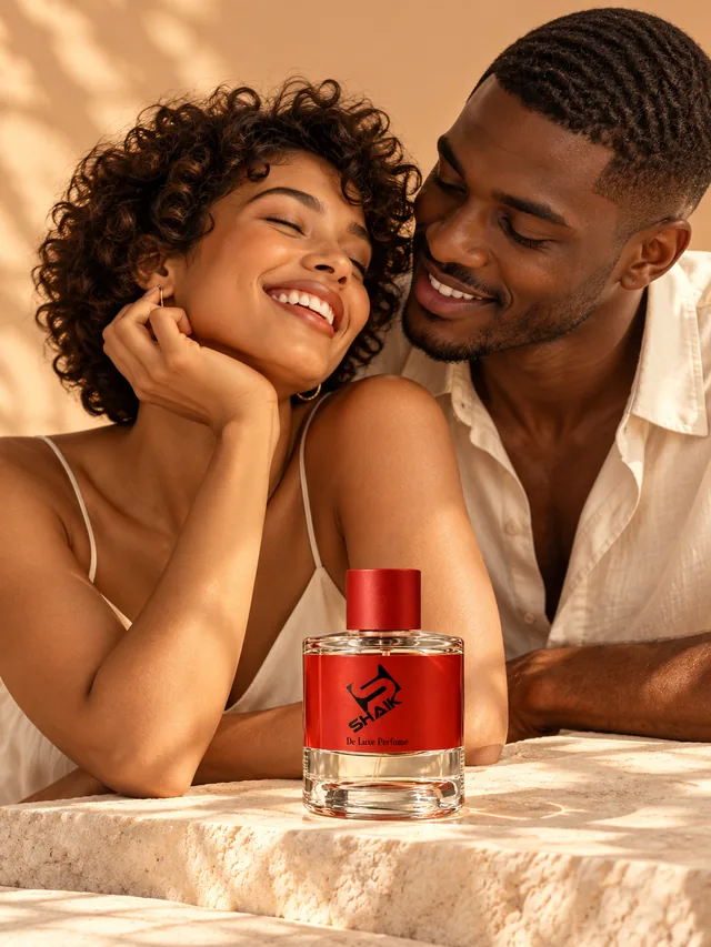 Smiling couple with a Shaik unisex perfume with red cap