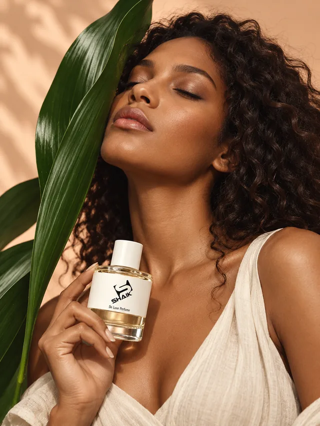 Woman with a palm leaf holding a Shaik women's perfume with white cap