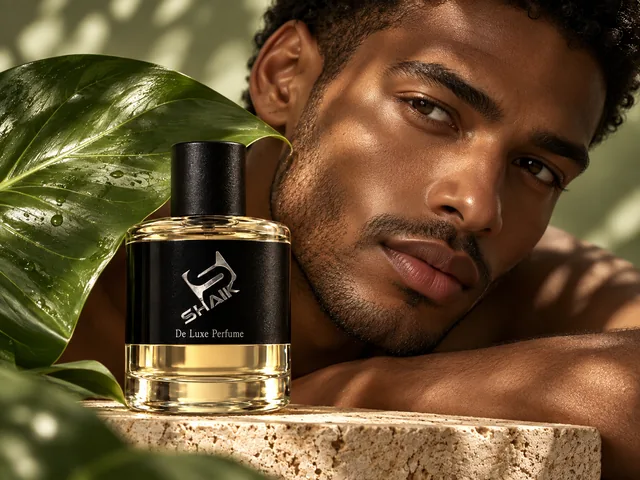 Man resting beside a Shaik men's perfume with black cap among green leaves